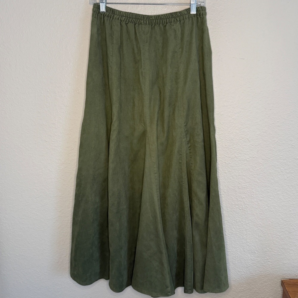 Coldwater Creek Earthy Forest Fairy Cottage Green Faux Suede Maxi Skirt Small